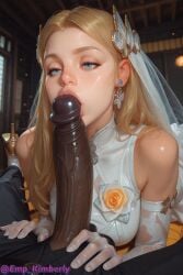 1boy 1girls ai_generated blonde_hair blowjob blue_eyes dark-skinned_male emp_kimberly female interracial invisible_woman invisible_woman_(marvel_rivals) kissing_penis licking_penis marvel_rivals sue_storm tagme wedding_dress