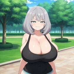 ai_generated blue_eyes huge_breasts silver_hair skin_fang smug tejina_senpai tejina_senpai_(character)