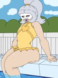 1boy 2025 ass bulge crossdressing eyemask femboy girly gllas golden_week grey_hair heart-shaped_pupils llas_arts looking_at_viewer male one-piece_swimsuit open_mouth original outdoors ponytail pool poolside purple_lipstick self-insert self_insert squished_ass thick_thighs