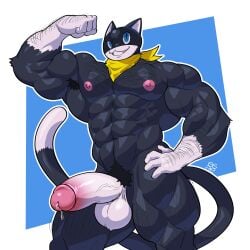 anthro armpit armpit_hair balls bara big_penis body_hair boner egg_concept erection feline feline flexing furry male male_only morgana_(persona) muscles muscular nude penis persona persona_5 solo solo_male