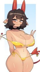 1girls big_breasts bikini bikini_top_pull black_hair breasts choker demon_girl demon_tail earrings female female_only gold_bikini golden_week heart-shaped_pupils hi_res horns j5daigada looking_at_viewer pointy_ears red_eyes red_horns selene_(daigada) side-tie_bikini smiling smiling_at_viewer smug smug_smile solo swimsuit_tan tail tan_skin tanline thick_thighs v_sign wide_hips