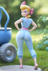 3d ai_generated ass blonde_hair blue_eyes bo_peep clothed dat_ass disney from_behind looking_at_viewer looking_back pixar rear_view smile solo standing toy_story toy_story_4