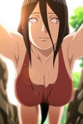 1girls ai_generated bare_chest bare_shoulders big_breasts boruto:_naruto_next_generations breasts brown_hair busty cleavage clothed_female clothing female female_only hyuuga_hanabi lavender_eyes looking_at_viewer naruto naruto_(series) no_bra pinup presenting presenting_breasts selfie smile sweat tank_top upper_body violetvitamin