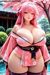 ai_generated big_breasts bimbobreasts blue_eyes breasts cleavage enormous_breasts garden giant_breasts gigantic_breasts huge_breasts hyper_breasts kimono large_breasts massive_breasts matriksai pink_hair seductive