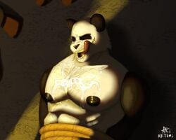abs absurd_res anthro artemi bear beastars bodily_fluids bondage bondage bound cum cum_on_body cum_on_chest facial_scar genital_fluids giant_panda gouhin_(beastars) hi_res licking licking_lips licking_own_lips lying male mammal muscular muscular_anthro muscular_male nipples on_back open_mouth pecs restraints rope rope_bondage scar solo submissive submissive_male teeth tongue tongue_out