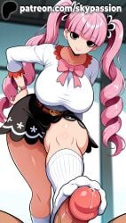 1boy 1girls 2025 ai_assisted ai_generated anime artist_name bangs big_breasts big_chest big_penis black_skirt blunt_bangs bracelet breasts bust busty chest clothed_female clothed_female_nude_male cock dick dominant dominant_female drill_hair ejaculation female female_focus femdom foot_on_penis grey_eyes hi_res high_quality high_resolution highres jewelry large_breasts long_hair navel one_piece patreon patreon_username penis perona pink_hair poke_ball precum skirt skypassion smile stable_diffusion straight twin_drills twintails uncensored watermark