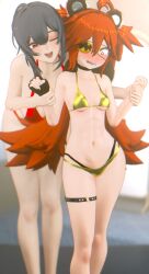 2girls ass big_ass big_breasts big_thighs bikini black_hair blush breasts butt embarrassed embarrassed_female female female_focus female_only gloves golden_bikini grace_howard huge_ass huge_breasts huge_thighs koleda_belobog legwear long_hair orange_eyes petite petite_body petite_breasts petite_female petite_girl red_eyes red_hair rougenine sharp_teeth shortstack small_breasts smile smiling tagme thick_thighs thighs twintails zenless_zone_zero