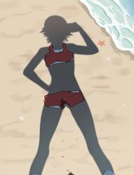 absurdres beach brown_hair commentary dressed_shadow_(meme) english_commentary female female_pubic_hair hand_on_own_hip highres implied_nudity kyoko_(madaotheory) madaotheory meme ocean original outdoors pov pubic_hair pussy_juice pussy_juice_stain pussy_juice_trail red_shorts red_sports_bra sand shadow shoes short_hair short_shorts shorts solo sports_bra starfish unworn_shorts water white_shoes