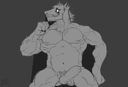 anthro balls bara boner dorohedoro erection genericboxhead kaiman male male_only monochrome muscles muscular nude penis solo solo_male