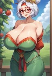 1girls ai_generated big_breasts breasts civitai cleavage clouds collarbone dress exposed_shoulders female glasses gown highres large_breasts light-skinned_female nintendo outside purah purah_(tears_of_the_kingdom) red_eyes red_glasses sheikah skin_tight smile solo tears_of_the_kingdom the_legend_of_zelda white_hair