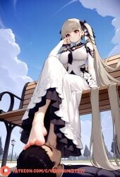 1boy 1boy1girl 1girls ai_generated azur_lane feet feet_focus feet_on_face feet_together feet_up female female_focus foot_fetish foot_focus foot_lick foot_play foot_worship formidable_(azur_lane) hair_ornament heels legs legs_up long_hair maid pantyhose red_eyes sitting soles straight toes toes_spread twintails veloramist white_hair white_legwear