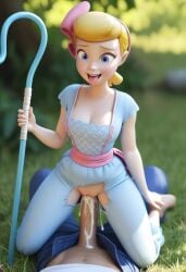 3d ai_generated blonde_hair blue_eyes bo_peep clothed cum cum_in_pussy cum_inside disney ejaculation penis penis_in_pussy pixar smile torn_clothes toy_story toy_story_4