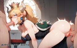 absurd_res ai_generated bent_over blonde_female blonde_hair blonde_hair blowjob bowsette crown doggy_style female hi_res highres horn horns mario_(series) nintendo ozziru patreon ponytail self_upload sex spitroast threesome uncensored