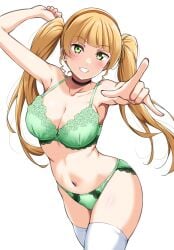 1girls blonde_hair bra breasts choker cleavage commentary female green_bra green_eyes green_panties hairband heanna_sumire highres large_breasts long_hair love_live! love_live!_superstar!! panties red_hairband solo stomach thighhighs thighs twintails underwear underwear_only white_background white_thighhighs yopparai_oni