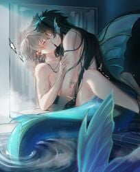 2boys absurdres bath bathroom bite_mark black_hair blush caelus_(honkai:_star_rail) claws closed_eyes collarbone completely_nude crying curtains dan_heng_(honkai:_star_rail) dan_heng_(imbibitor_lunae)_(honkai:_star_rail) english_commentary feet_out_of_frame fennec_artsss fingernails french_kiss grey_hair hair_between_eyes hand_around_neck highres honkai:_star_rail honkai_(series) indoors injury kissing long_hair male_focus merman mirror monster_boy multiple_boys nude official_alternate_hairstyle reflection saliva sex short_hair sitting tail trailblazer_(honkai:_star_rail) trembling water wet yaoi