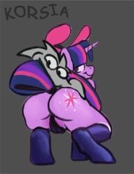anthro ass bunny_costume camel_toe clothing costume curvy_figure digital_media_(artwork) duo earth_pony equid equine fake_ears fake_rabbit_ears female footwear friendship_is_magic fur grey_background hair hasbro horn horse korsia looking_at_another looking_back male male/female mammal my_little_pony mythological_creature mythological_equine mythology pony presenting presenting_hindquarters princess_twilight_sparkle_(mlp) purple_body purple_eyes purple_fur purple_hair rabbit_ears simple_background sl0th smile smirk tail thick_thighs twilight_sparkle_(mlp) unicorn