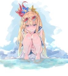 absurdres bar_censor bare_legs barefoot betabeet blonde_hair blue_eyes blue_flower blush bonito cagliostro_(granblue_fantasy) cagliostro_(summer)_(granblue_fantasy) censored closed_mouth clothing_aside cloud cum cum_in_pussy cumulonimbus_cloud eyewear_on_head female flower granblue_fantasy hand_on_own_cheek hand_on_own_face head_rest heart heart-shaped_eyewear highres lips long_hair official_alternate_costume pussy red-tinted_eyewear sailor_collar school_swimsuit shallow_water solo squatting swimsuit swimsuit_aside tinted_eyewear toes v-shaped_eyebrows very_long_hair wading water white-framed_eyewear white_flower