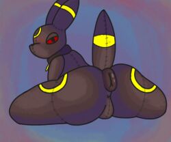 6:5 anthro anus ass black_body blush butt_focus collar collar_only digital_drawing_(artwork) digital_media_(artwork) eeveelution flexible fur generation_2_pokemon genitals jellybeankofi looking_at_viewer male mammal nintendo nude plushie plushophilia pokemon pokemon_(species) red_eyes simple_background solo solo_focus splits spread_legs spreading stitch_(sewing) tail umbreon