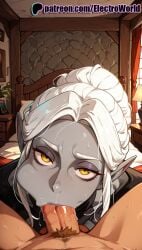1boy 1girls 2025 :>= ai_generated artist_name baldur's_gate baldur's_gate_3 blowjob blowjob_face book cock colored_skin dark_elf dick electroworld elf fellatio female hi_res high_quality high_resolution highres indoors licking long_hair minthara oral oral_sex patreon patreon_username penis pointy_ears pov pubic_hair solo_focus stable_diffusion straight sucking sweat uncensored watermark white_hair