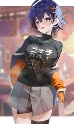 1girls belle_(zenless_zone_zero) black_shirt black_thighhighs blue_eyes blue_hair blush breasts clip_studio_paint_(medium) clothes_writing commentary cowboy_shot desire_(des1re) english_commentary female fingerless_gloves gloves grey_skirt hair_ornament highres large_breasts miniskirt off_shoulder orange_gloves shirt short_hair single_thighhigh skirt solo sweat thighhighs translation_request zenless_zone_zero