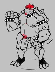 anthro balls bara big_penis bowser flaccid genericboxhead male male_only mario_(series) monochrome muscles muscular nintendo nude penis scalie solo solo_male