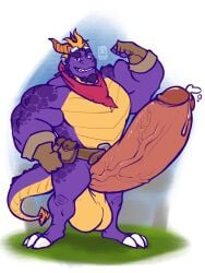 2019 activision aged_up anthro anthrofied balloonist_spyro balls belt belt_pouch biceps big_muscles big_mustache big_penis bodily_fluids chin_spikes clothing dragon dripping erection eyewear eyewear_on_head facial_spikes fingerless_gloves flexing flexing_bicep frill_(anatomy) full-length_portrait genital_fluids genitals glans gloves goggles goggles_on_head handwear hi_res horn huge_cock huge_muscles humanoid_genitalia humanoid_penis hyper hyper_genitalia hyper_penis jaw_spikes kerchief leather leather_clothing leather_gloves leather_handwear looking_at_viewer male multicolored_body muscular muscular_anthro muscular_male mythological_creature mythological_scalie mythology neck_spikes neckerchief neckwear penis portrait precum precum_drip purple_body scalie shenaniwhagons simple_background solo spikes spikes_(anatomy) spyro spyro_the_dragon standing two_tone_body vein veiny_penis