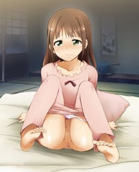 1girls alternate_hairstyle amami_haruka anus ass barefoot bed blush brown_hair censored clothing feet female futon green_eyes hair_down highres human idolmaster kaiga knees_on_chest knees_to_chest long_hair pajamas pajamas_pull panties panty_pull pussy scroll short_hair sitting soles solo tatami toes underwear