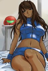 alternate_eye_color alternate_hair_color alternate_skin_color breasts dark-skinned_female dark_skin female female_focus helmet indoors large_breasts legs long_hair metroid metroid_fusion michael_f91 midriff navel nintendo palette_swap samus_aran solo third-party_edit