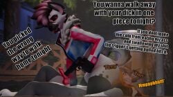 anthro anthro_on_anthro arrell_(artist) canid canine canis dialogue dominant dominant_female duo english_description english_text erection feces female forced genitals gun hi_res hyena implied_scat_eating male male/female mammal onomatopoeia penis penny_(arrell) pinned pinned_to_ground pooping_on_another pooping_on_face profanity ranged_weapon rape rimming_command scared scat sex sound_effects stink_cloud submissive submissive_female text threatening threatening_violence threatening_with_weapon tongue tongue_out weapon wolf