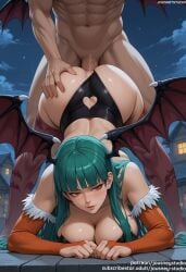 1boy ai_generated all_fours anal animal_print ass ass_grab bangs bare_shoulders bat_print bat_wings black_leotard blush breasts bridal_gauntlets capcom cleavage clothed_female_nude_male clothing clothing_aside clothing_cutout darkstalkers demon_girl demon_wings doggy_style female female full_moon gloves green_hair head_wings heart_cutout jousneystudio large_breasts legwear leotard leotard_aside long_hair looking_at_viewer low_wings male moon morrigan_aensland muscle night night_sky nipples nude outdoors pantyhose parted_lips penis print_legwear print_pantyhose red_eyes sex sex_from_behind sky smile solo_focus straight succubus taken_from_behind text thighs top-down_bottom-up veiny_penis wings