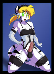 anthro blonde_hair corset edit erection feline garter garter_belt garter_straps girly gloves green_eyes hair hand_on_hip kneeling las_lindas lingerie male open_eyes penis plain_background shin_(las_lindas) skimpy solo stripes thong tiger white_fur