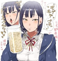 1girls big_breasts blue_hair blush breasts burp burping covered_nipples cum_in_container cum_in_glass cum_in_mouth cum_inside cum_swallow drinking_cum female gokkun kimono naughty_face naughty_smile seiou_dewako seioudewako semen smile solo solo_female stray_pubic_hair