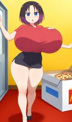ai_generated black_hair blue_eyes elma_(dragon_maid) huge_breasts miss_kobayashi's_dragon_maid pizza_delivery thick_thighs two_tone_hair