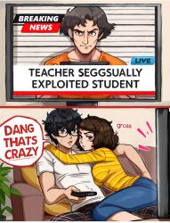 1boy 1girl 2koma age_difference almost_wholesome big_breasts black_hair breast_press breasts brown_hair clothed comic couple couple_(romantic) duo_focus english_text female funny glasses hypocrite joker_(persona) male male/female medium_breasts neggoartz paid_reward_available persona persona_5 ren_amamiya sadayo_kawakami seggs_(meme) straight suguru_kamoshida sweater teacher_and_student watching_tv