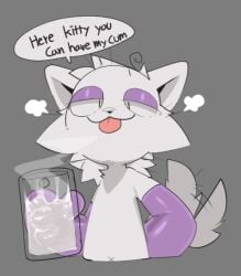 4_fingers ambiguous_gender anthro armwear bodily_fluids canid canine canis carbine_wolf_(character) clothing container cum cum_in_a_cup cum_in_container cup dialogue elbow_gloves english_text eyeshadow fingers front_view fur genital_fluids gloves grey_background half-length_portrait handwear holding_container holding_cup holding_object looking_at_viewer makeup male_(lore) mammal navel offering_cum portrait presto_(artist) purple_armwear purple_clothing purple_elbow_gloves purple_eyeshadow purple_gloves purple_handwear simple_background solo speech_bubble standing tail tail_motion tailwag text tongue tongue_out white_body white_fur wolf x_navel