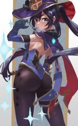 absurdres ass black_hair black_pantyhose blue_eyes breasts cape detached_collar detached_sleeves feipin_zhanshi female from_behind genshin_impact gloves hat highres jewelry long_hair looking_at_viewer looking_back medium_breasts mona_(genshin_impact) pantyhose purple_hat shiny_clothes shiny_skin sideboob solo standing thighlet twintails very_long_hair