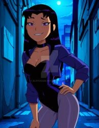 2025 ai_generated black_canary black_canary_(cosplay) black_canary_(dcau) blackfire cartoon_network cosplayer dc_comics dc_super_hero_girls dcau deviantart elryusam hand_on_hip hand_on_knee meta not_porn orange_body orange_skin purple_eyes purple_hair sexy_pose teen_titans teeth_showing