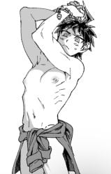covered_crotch covered_penis danganronpa danganronpa_2:_goodbye_despair hinata_hajime hoodie_around_waist male male_focus male_only monochrome naked naked_male nipples nude nude_male penis_covered solo solo_focus solo_male uurin wrists_tied