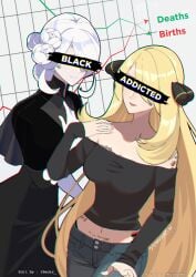 2girls belly_button bnwo censor_bar censored cleavage cogita_(pokemon) cuckold cynthia_(pokemon) graph pokegirl pokemon qos_tattoo tattoos