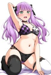 1girls :d animal_print arm_up armpits asymmetrical_legwear black_bow black_choker black_panties black_thighhighs blush bow bra breasts checkered_bra checkered_clothes choker commentary female full_body green_eyes hair_ornament hairbow highres kneeling leopard_print long_hair looking_at_viewer love_live! love_live!_superstar!! medium_breasts mismatched_legwear navel open_mouth panties purple_hair simple_background smile solo stomach thighhighs thighs underwear underwear_only white_background white_thighhighs wien_margarete yopparai_oni