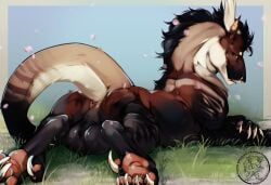 anus ass balls black_body black_fur brown_body brown_eyes brown_fur claws dragon felkin feral fur furred_dragon furred_scalie genitals grass horn looking_at_viewer male mythological_creature mythological_scalie mythology pawpads perineum pink_anus pink_pawpads plant presenting presenting_anus raised_tail scalie solo tail white_body white_claws white_fur white_horn zweikopfeinhorn