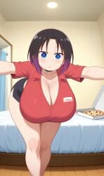 ai_generated black_hair blue_eyes cleavage elma_(dragon_maid) huge_breasts miss_kobayashi's_dragon_maid pizza_delivery thick_thighs two_tone_hair