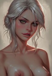 ai_generated biting_lip breasts cd_projekt_red ciri completely_nude d1kor female green_eyes light-skinned_female looking_at_viewer mascara nipples nude scar solo solo_female the_witcher_(series) the_witcher_3:_wild_hunt white_hair