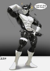 2025 absurd_res anthro balls big_balls big_penis black_body cxcxxcxxxx english_text erection eyewear flexing genitals glasses gradient_background haplorhine hi_res latex latex_creature living_latex male mammal monkey muscular penis primate simple_background smile solo speech_bubble text white_body