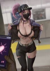 1boy akali baseball_cap belt black_choker black_mask blue_eyes bra cellphone choker cropped_jacket cupless_bra dark-skinned_male dark_skin female hat heart heart_choker high_ponytail highres holding holding_phone hoo_bamon k/da_akali k/da_series league_of_legends mask mouth_mask nipples official_alternate_costume phone ponytail pov pov_hands public_indecency public_vibrator purple_hair pussy_juice sex_toy single_thighhigh smartphone solo_focus standing thighhighs trembling underwear vibrator vibrator_cord vibrator_in_thighhighs white_belt