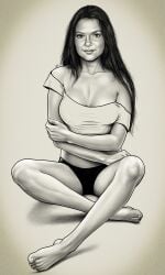 actress black_and_white busty celebrity crop_top crossed_legs dafne_keen full_body idrawnudeladies large_breasts long_hair monochrome one_shoulder_exposed panties pinup real_person wide_hips younger_female