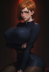 1girls ai_generated arm_under_breasts blush brown_eyes brown_hair civitai huge_breasts jujutsu_kaisen kneeling kugisaki_nobara looking_at_viewer mamely32 nipple_bulge pantyhose school_uniform short_hair solo