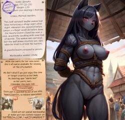 ai_generated anime bondage bondage bounty_hunters canine cute dark_hair dark_skin edited fantasy female fictional furry market muscular naked nude photoshop pink_eyes roleplay ropes skinny slave slavegirl slavery tattoo voted waifu wolf
