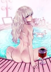 1girls alternate_hairstyle ass back_view blonde_female blonde_hair blonde_hair_female cigarette female hair_down legs_apart legs_spread looking_at_viewer machigatta_ko_wo_mahou_shoujo_ni_shite_shimatta machimaho majiba_kayo manga nude nude_female official_art petite_body pool poolside purple_eyes small_breasts smoking solo solo_female souryu wet wet_hair younger_female