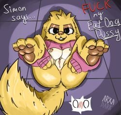 anthro anus arxadark bedroom_eyes bodily_fluids bottomless breasts canid canine canis clothed clothing clothing_lift domestic_dog feet female foot_focus football_(mazingsand) fur genital_fluids genitals hi_res jacket jacket_only looking_at_viewer mammal mazingsand narrowed_eyes presenting presenting_anus presenting_vulva requesting seductive sex_request shirt shirt_lift shocked solo tail talking_to_viewer topwear topwear_only vaginal_fluids vulva watermark yellow_body yellow_fur